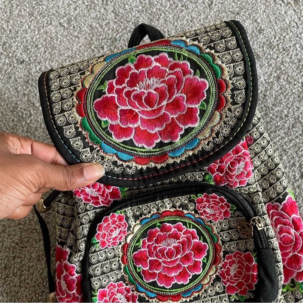 Embroidered Floral Small Backpack Drawstring Flap Over Fabric Ethnic Heritage